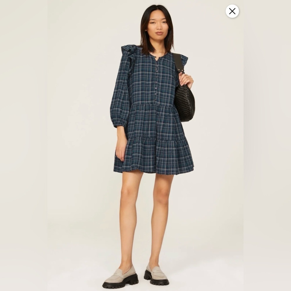 Madewell Dress Womens XS Blue Gauze Ruffle Trimmed Mini Long Sleeve Plaid Tiered